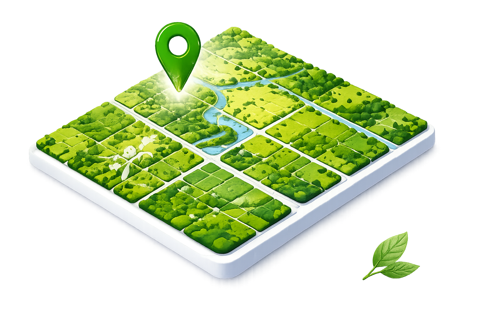 Isometric 3D map of green land parcels with a location pin